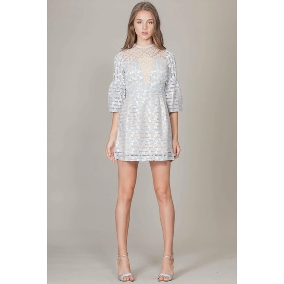 foxiedox Dresses & Skirts - FOXIEDOX Cordelia Bell Sleeve Lace Dress Blue Floral Lace Coquette X-Large